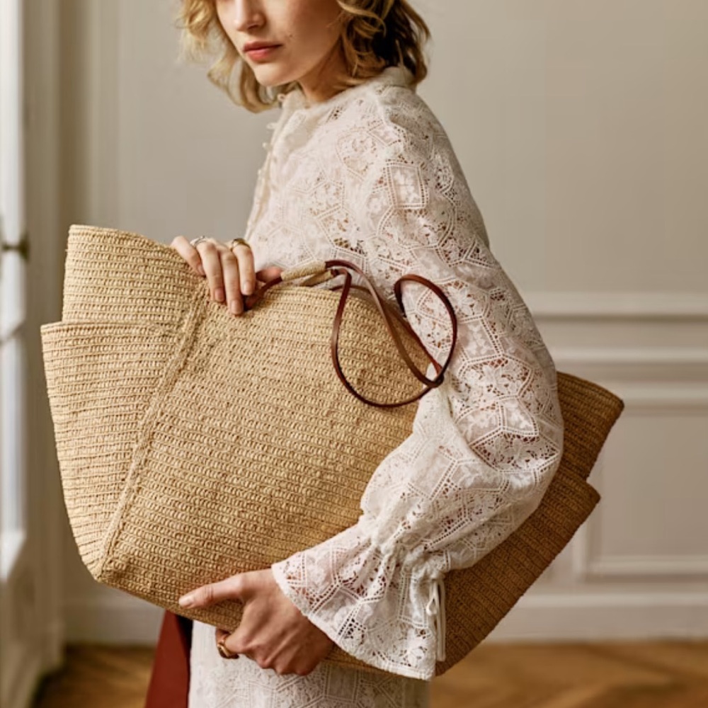 Sezane- Paloma Woven Straw Tote Bag with Leather Handles - Natural